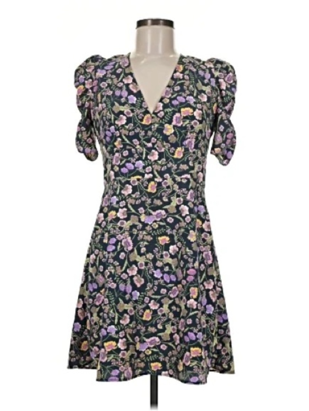 Topshop Floral V-Neck Puff Sleeve Dress in Navy/Lavendar/Green/Pink